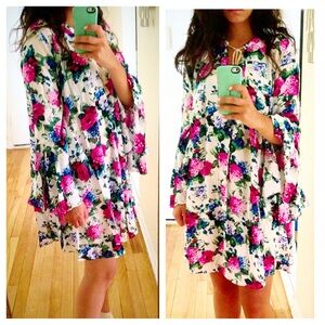 Floral Bell-Sleeve Mini Dress - Pink & Blue Flowers
